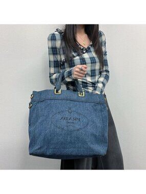 Prada Canapa Tote Shoulder Bag Denim Blue Vintage